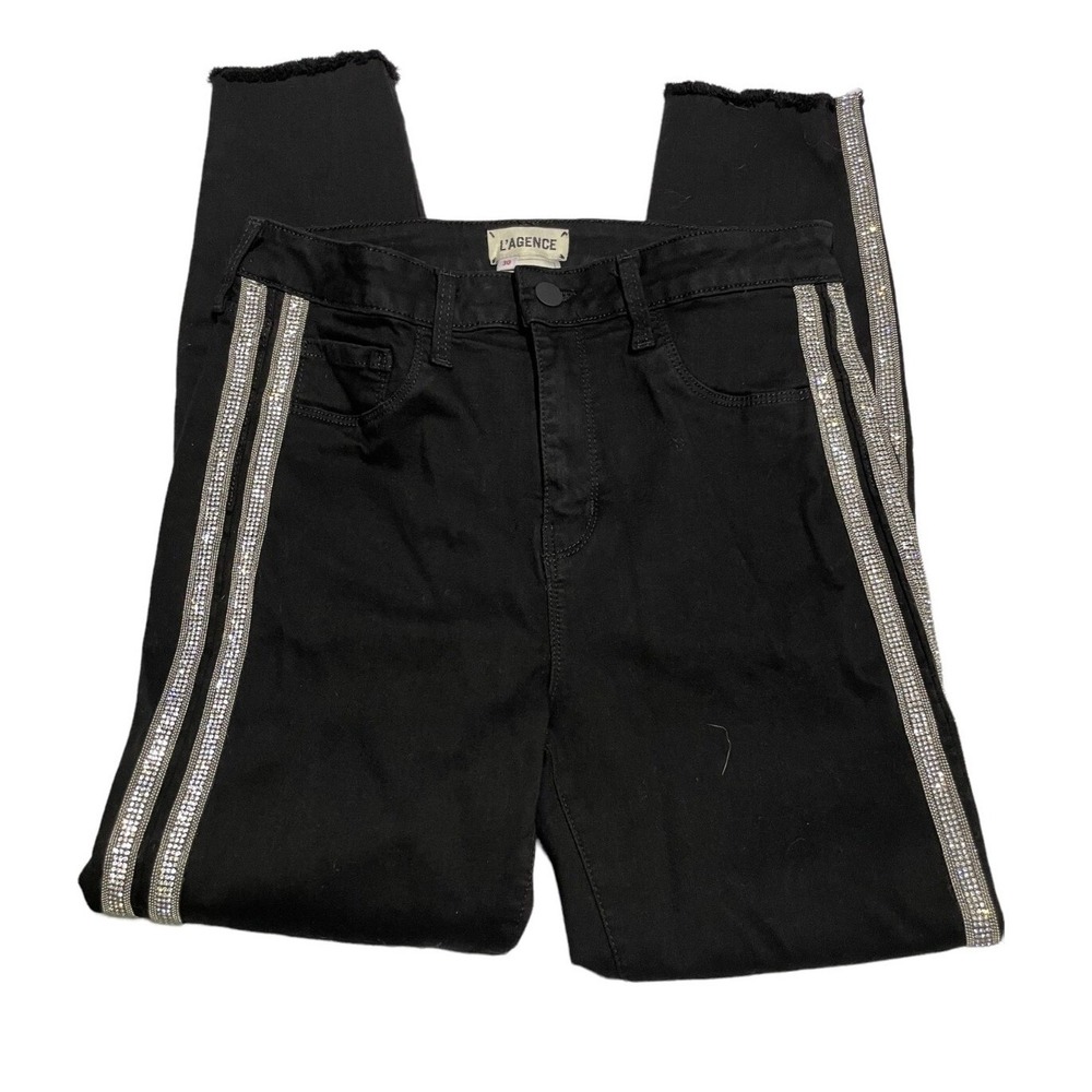 L'AGENCE Black Rhinestone Stripe Skinny Jeans Raw Hem Size 30